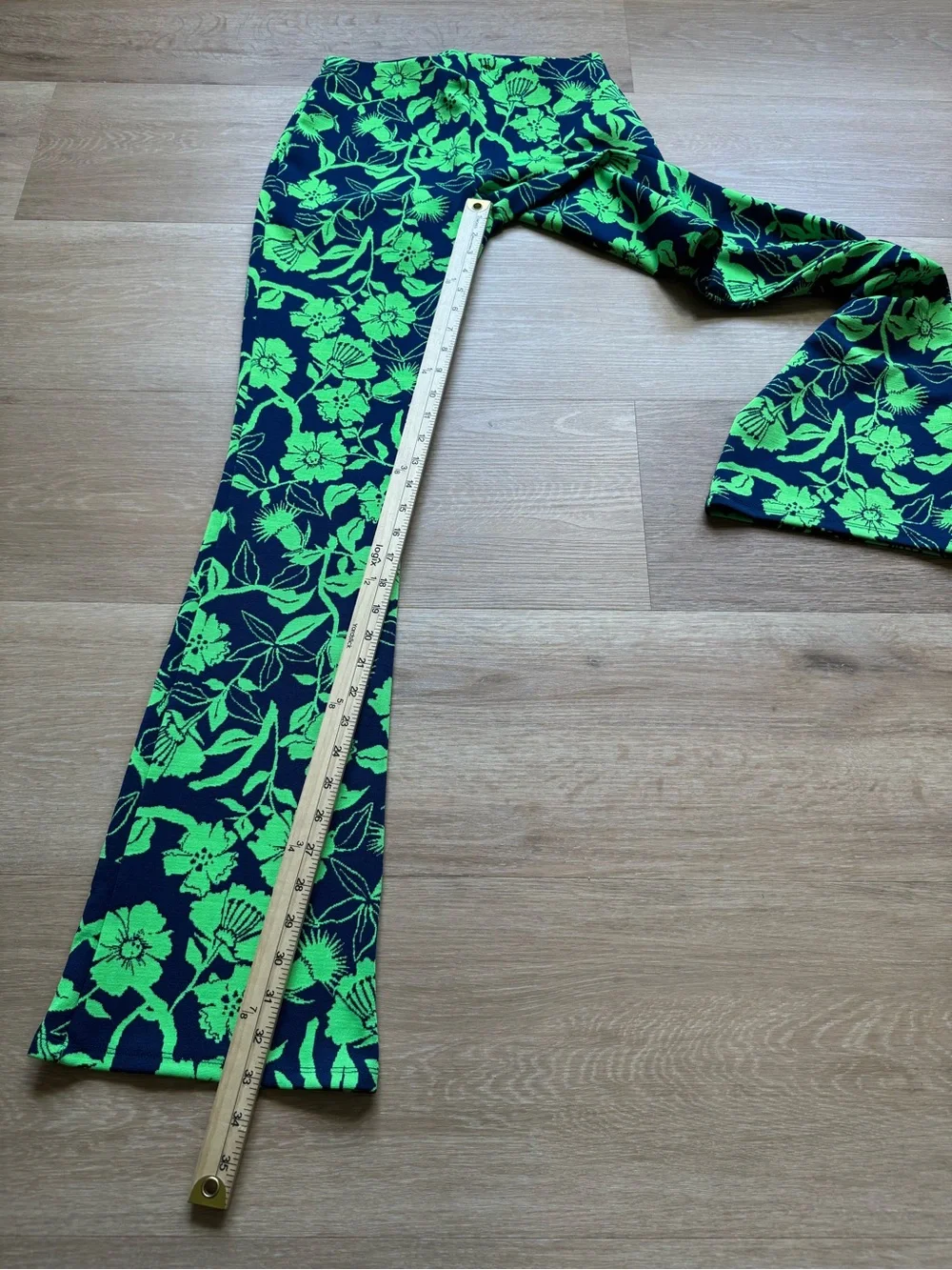 Zara Navy & Bright Green Floral High-Waist Flare Pants
